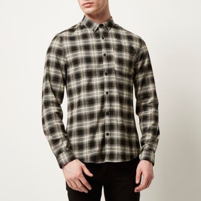 Black casual check stretch flannel slim shirt